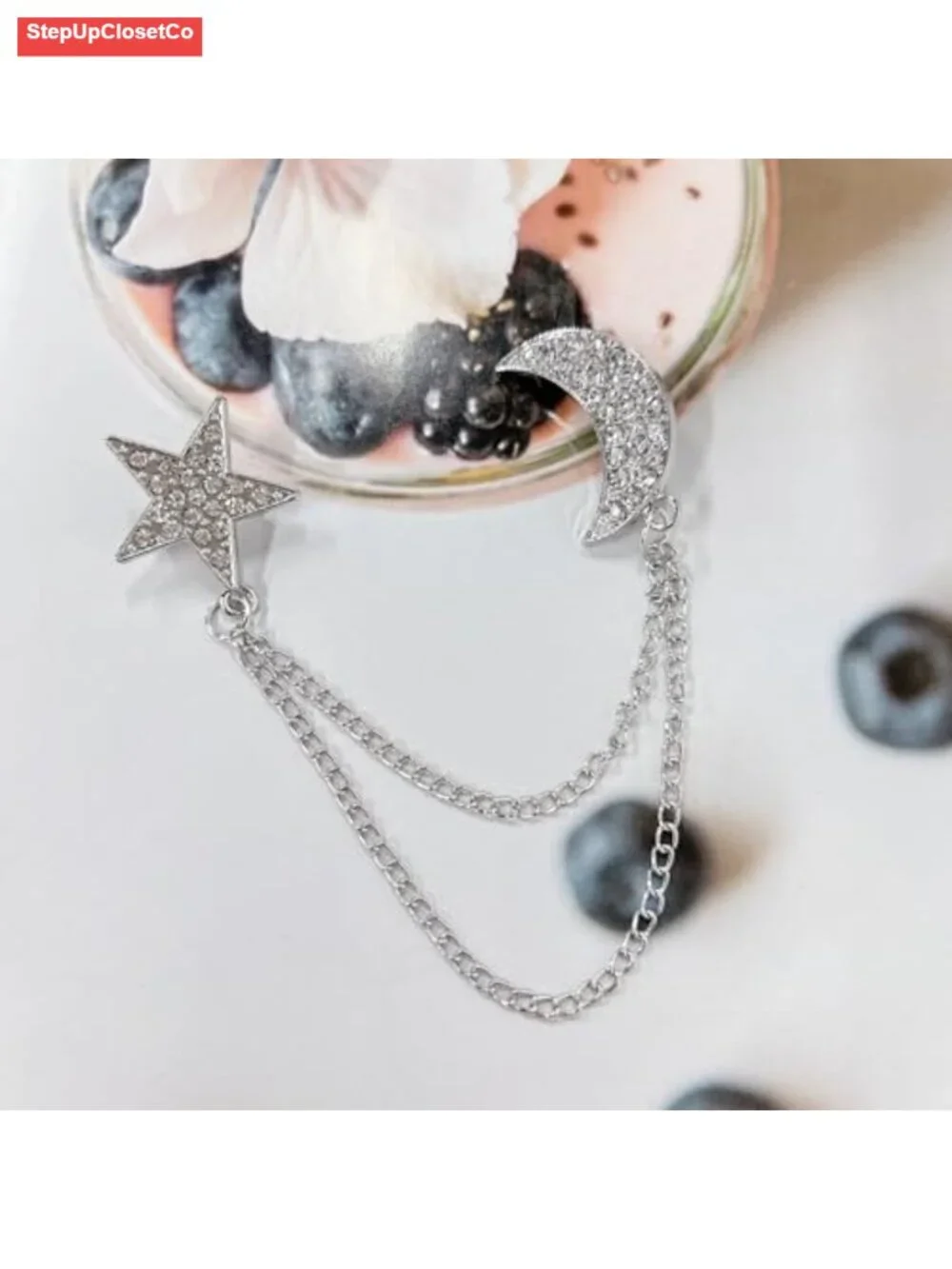 Rhinestone Moon Star Tassel Chain Brooch Lapel Pin CZ Elegant Suit Coat